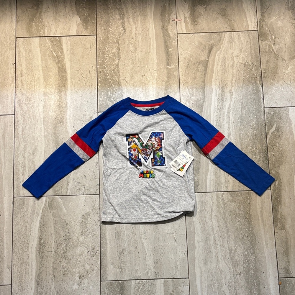 Nintendo Blue & Gray Long Sleeve Raglan Tee with Red Stripe